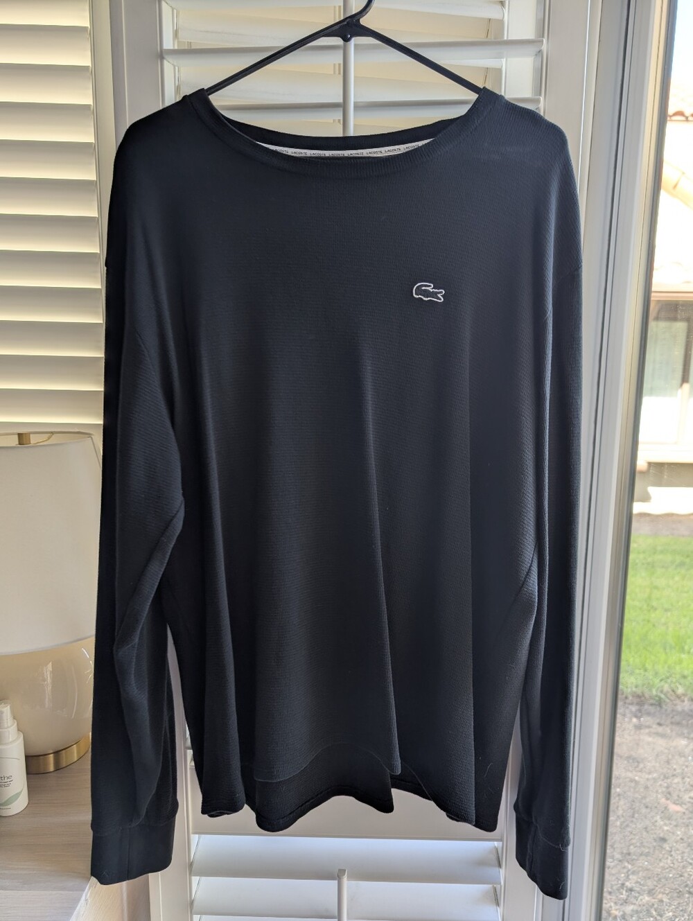 Lacoste Waffle Knit Thermal Sleep Shirt Black XL Crew Neck Long Sleeve